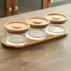 Wooden & Glass Serving Platter 3 Pcs With Stand